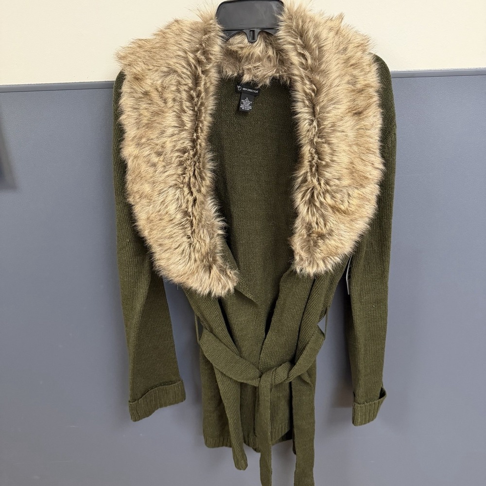 NWT‎ Directions Womens Faux Fur Collar Sweater Cardigan Green Cardigan Mobwife L
